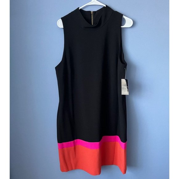 Tahari Sleeveless Mock Neck Color Block Crepe Shift Dress Size 16 - Picture 2 of 3